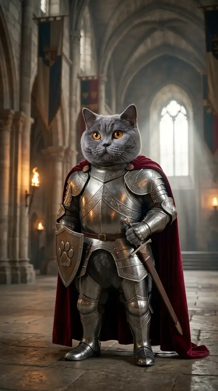 British shorthair as an armored knight
