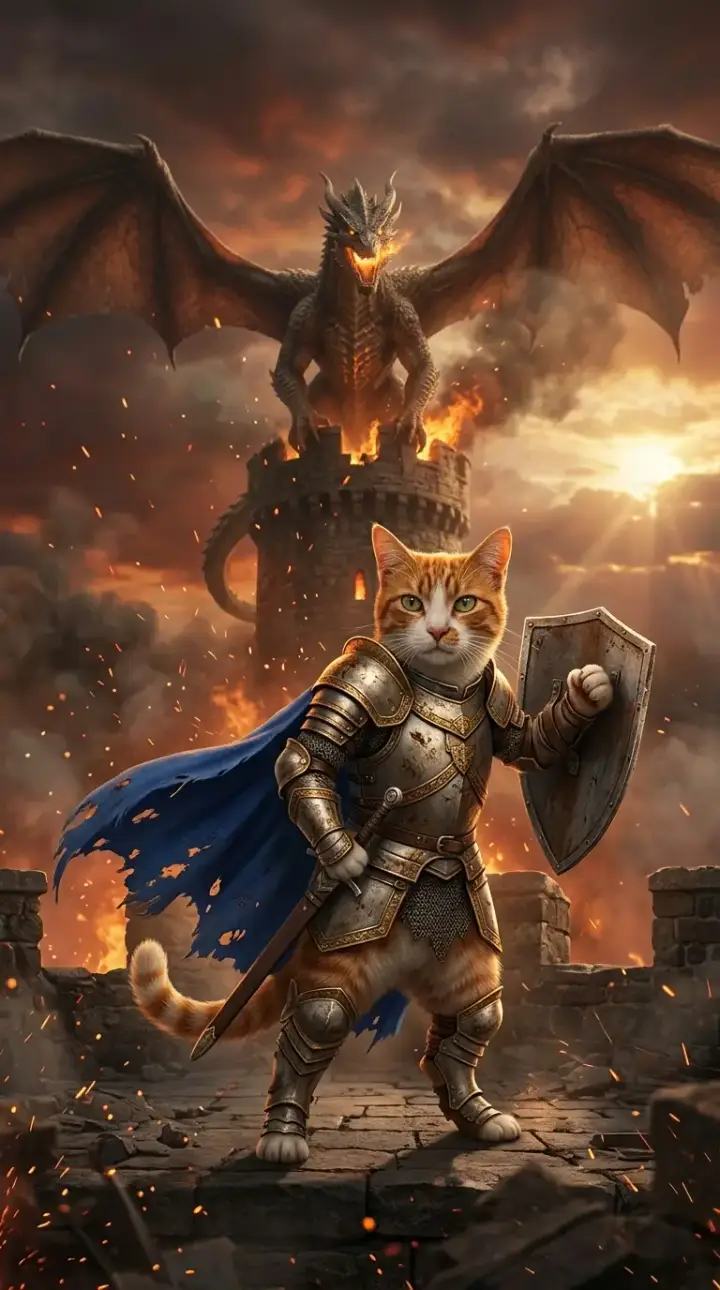 Orange tabby as a castle and dragon