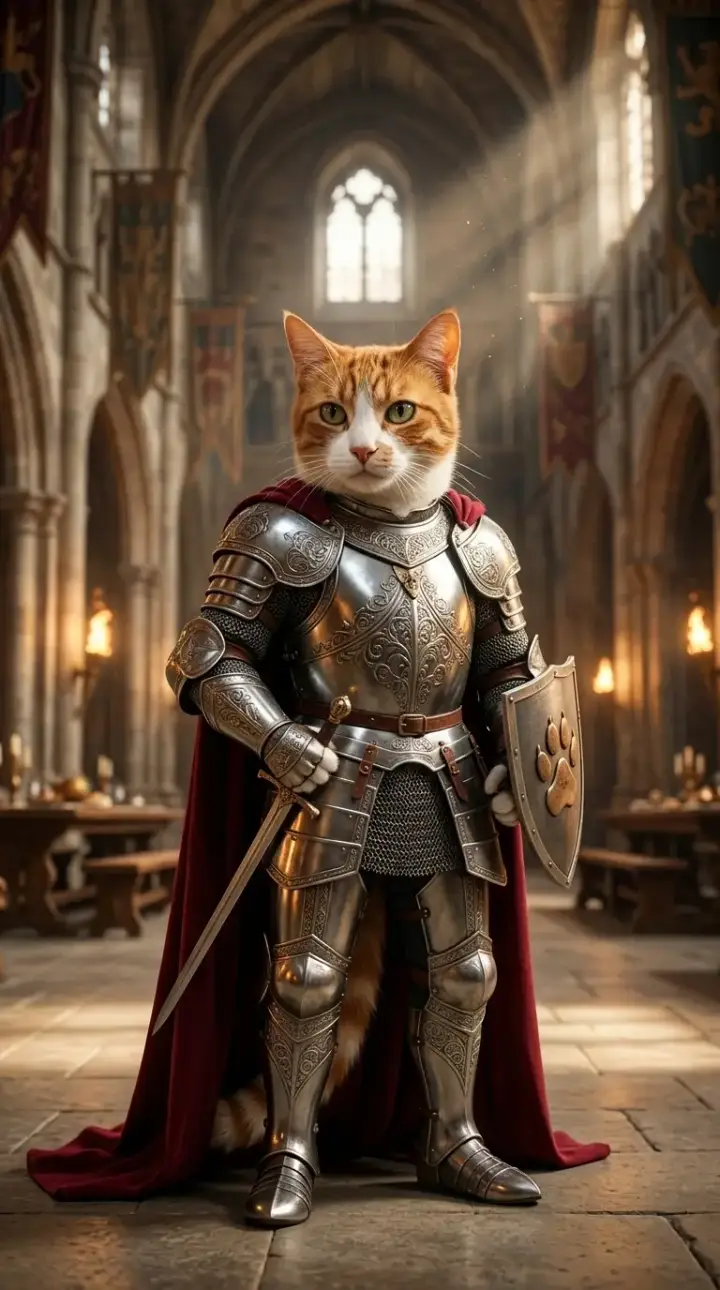 Orange tabby cat as an armored knight