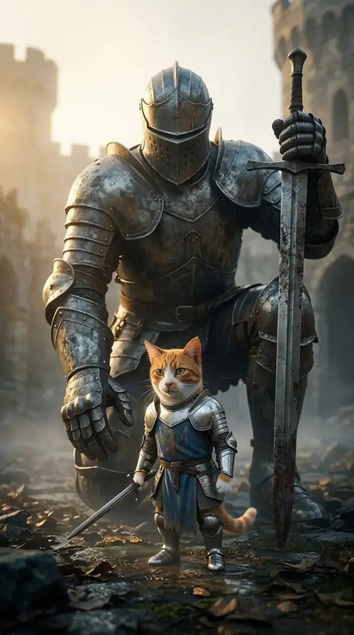 Orange tabby as a tiny knight