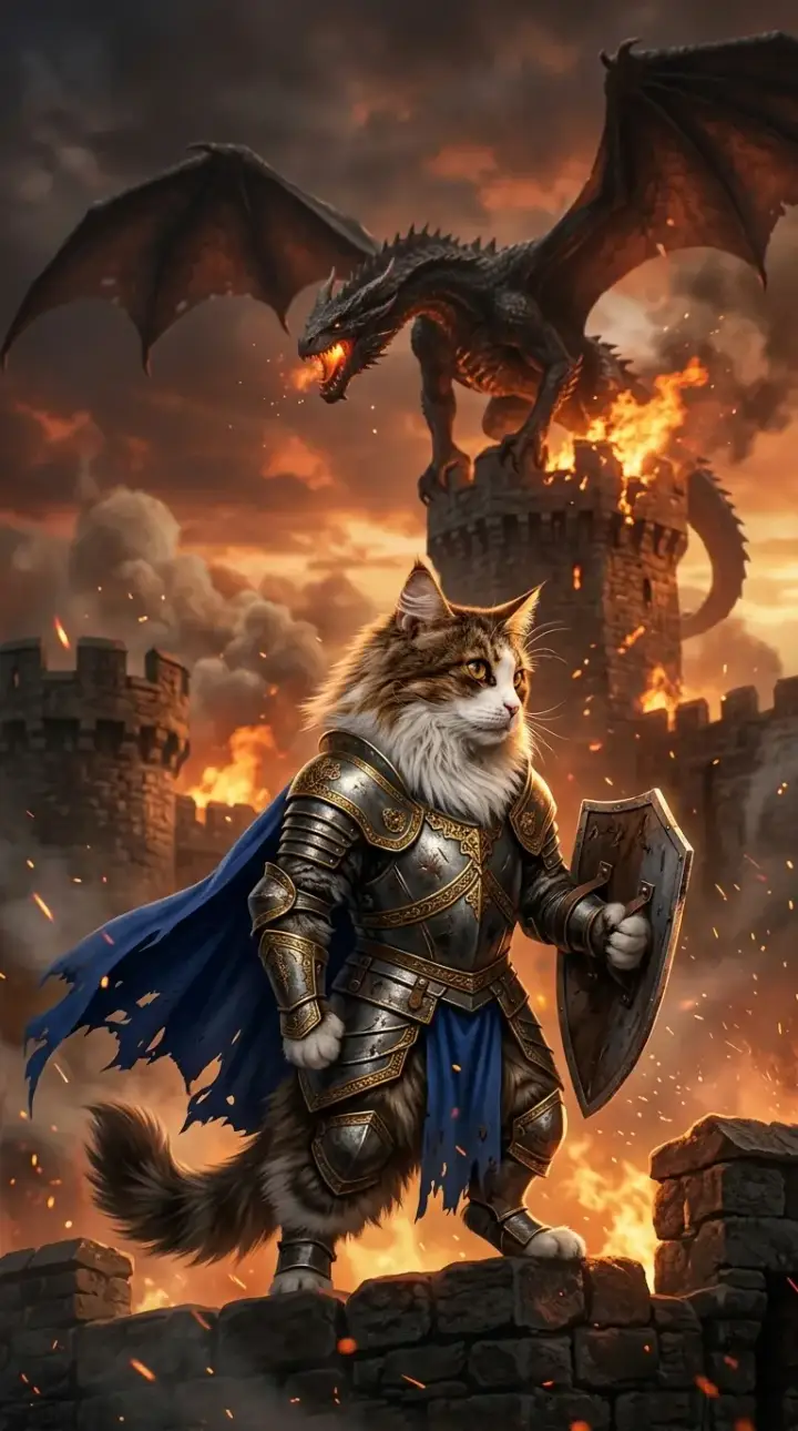 Maine coon as a castle and dragon