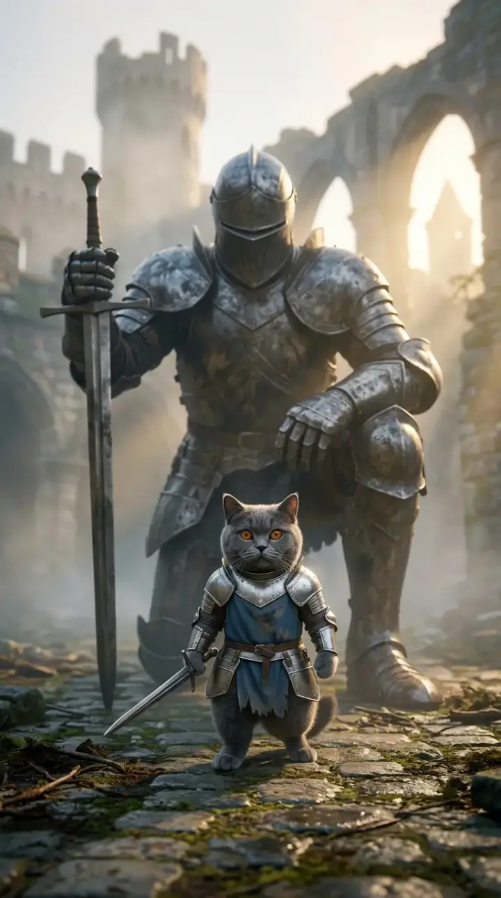 British shorthair as a tiny knight